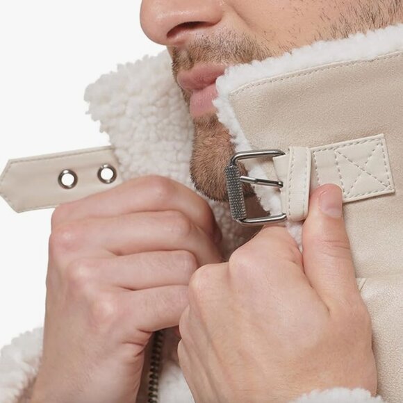 Calvin Klein Faux Shearling Aviator Jacket – Beige, Size XL - Picture 6 of 6
